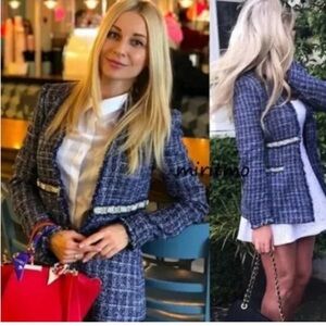 Zara Boucle Tweed Pearl Embellished Blazer Jacket Preppy Academia Blue XS